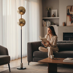 Midnight Halo – Black Crystal Bowl Floor Lamp