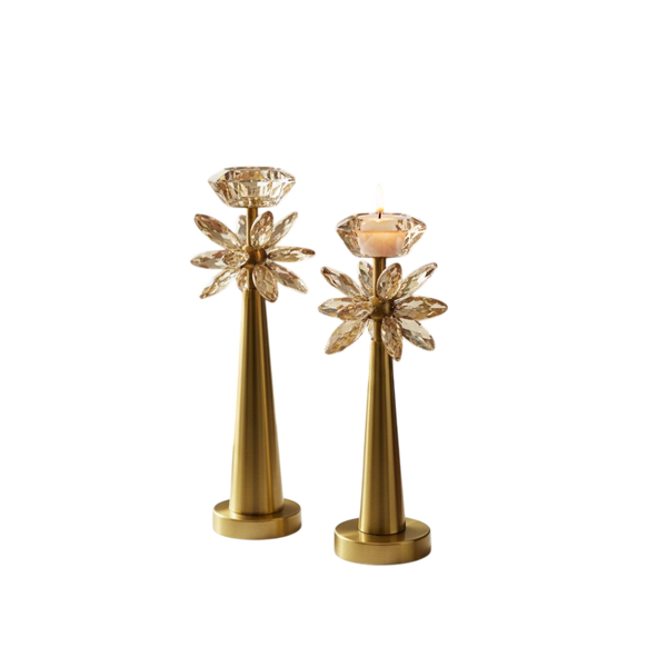 Vintage Brass Lotus Crystal Candle Holders