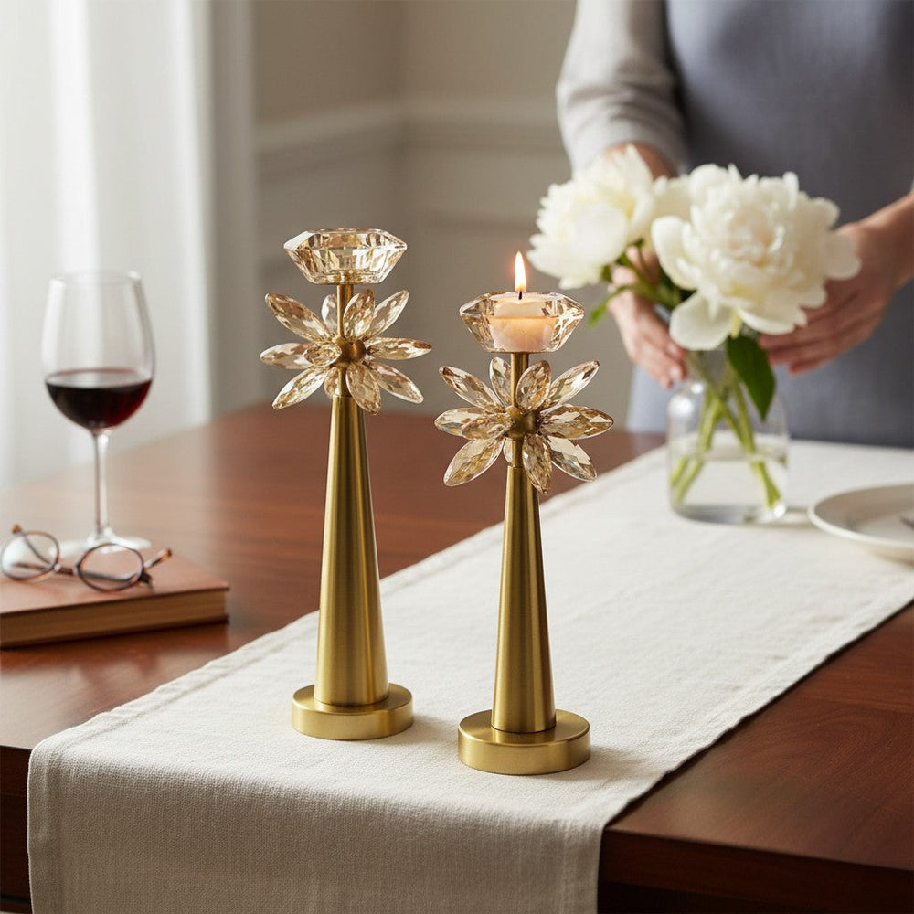 Vintage Brass Lotus Crystal Candle Holders