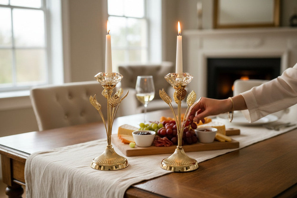 Golden Floral Crystal Candle Holders (Pair)