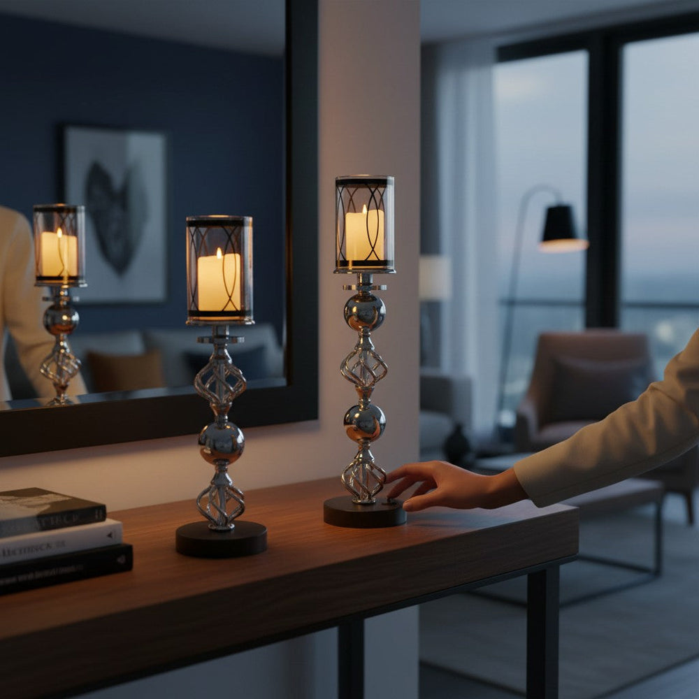 Hotel Luxe Silver Crystal Candle Stands (Pair)
