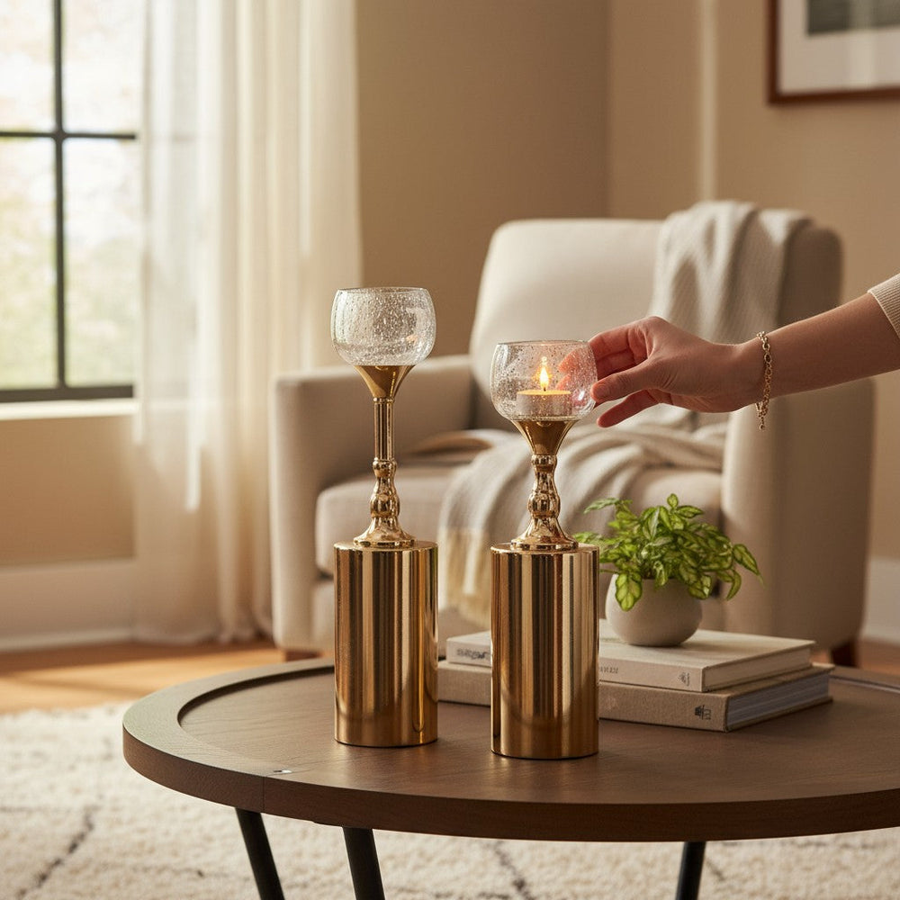 Metallic Pillar Candle Holders (Pair)