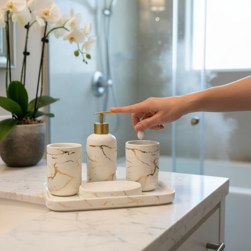 Luxe Pearl Ceramic Tray Bathroom Set