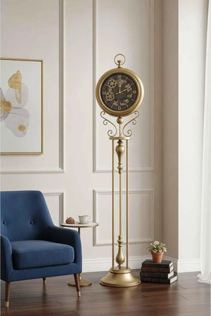 Industrial Black Gear Tripod Standing Clock