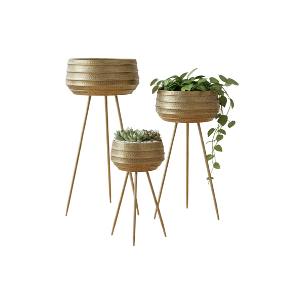 Antique-Style Tripod Brass Garden Planters Set